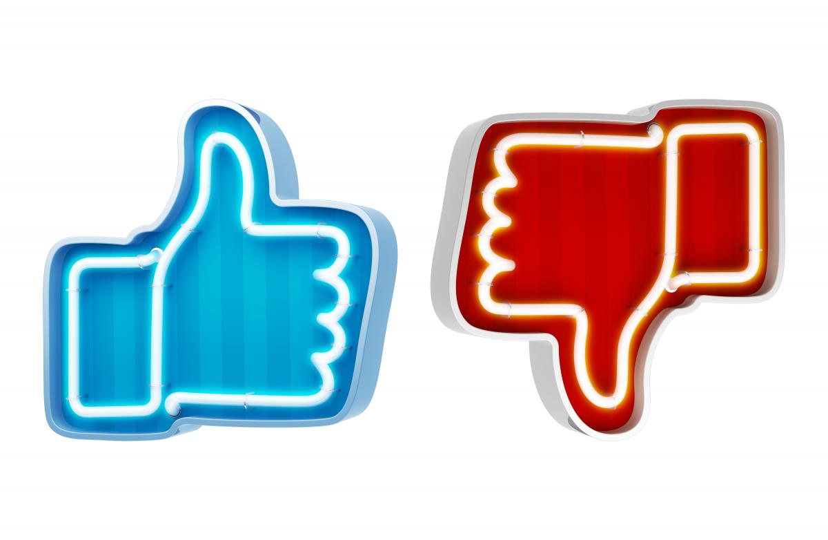 neon blue like button and neon red dislike button