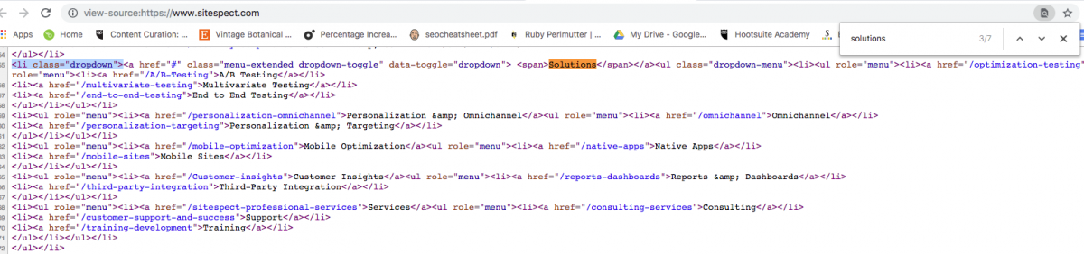 screen shot of source code in sitespect