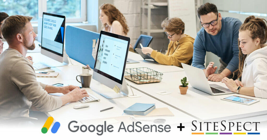 Group of professionals at computers. Google AdSense + SiteSpect Logos.