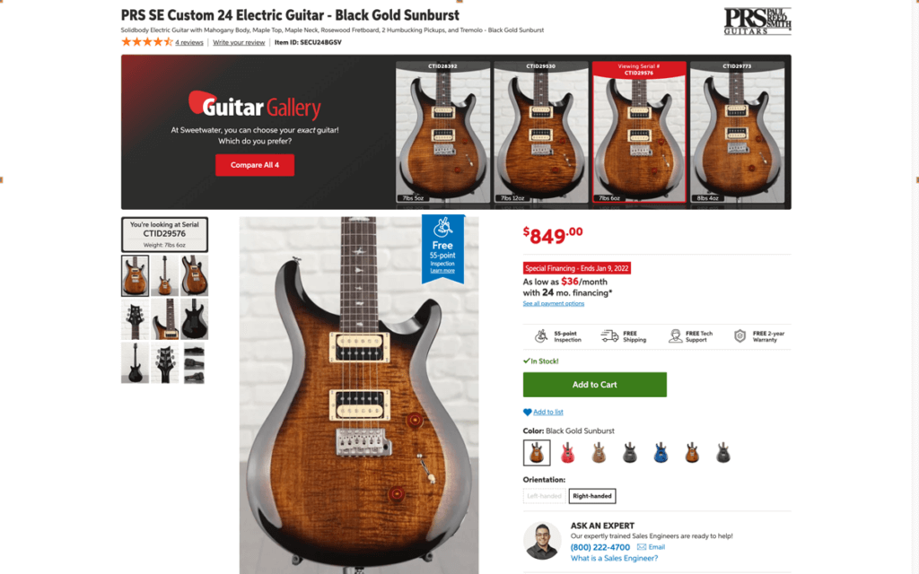 Sweetwater product page displaying guitars.