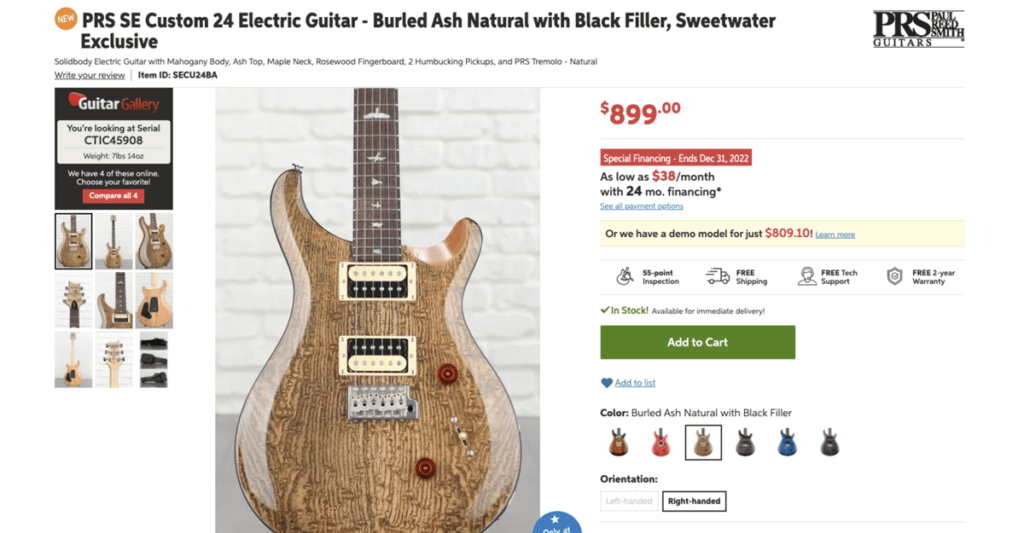 Sweetwater Screenshot of product page showing guitar.