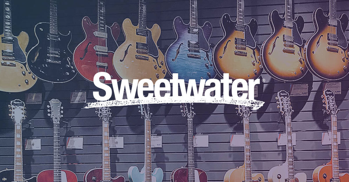 Sweetwater background of electric guitars.
