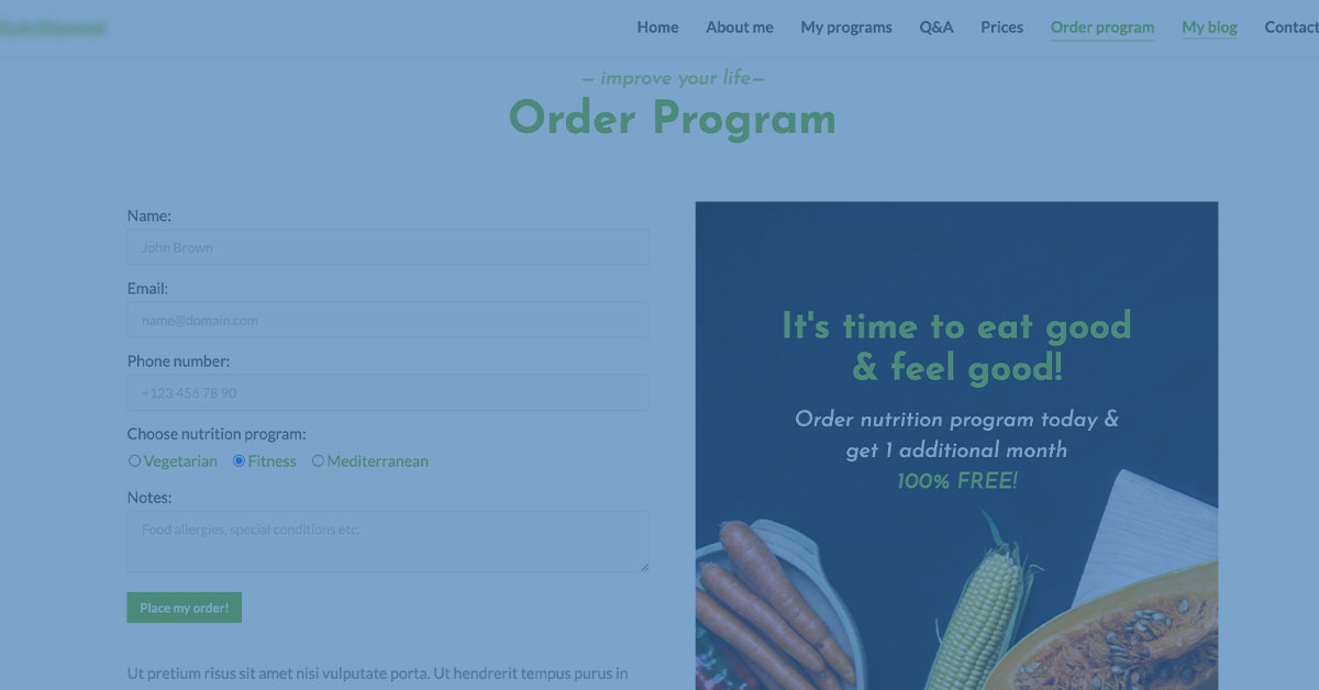 Screenshot of webpage for food service sign up