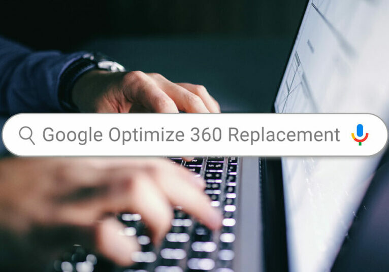 Laptop with search bar "Google Optimize 360 Replacement"