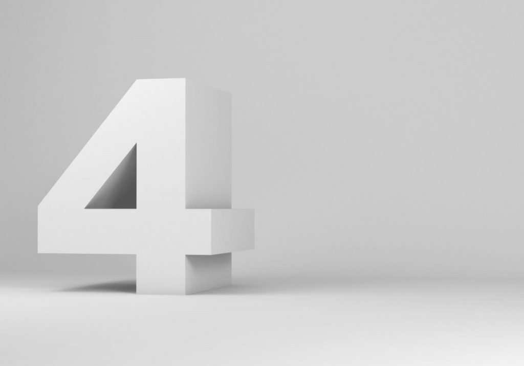White digit four installation in an empty studio room, 3d rendering illustration