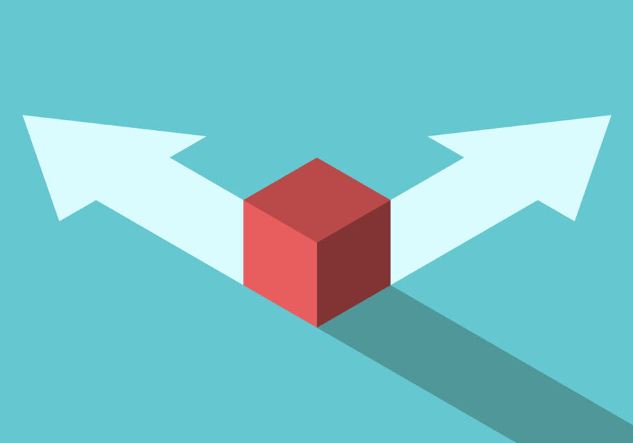 Isometric red cube on different directions arrows, choice between two ways. Opportunity, decision, confusion, challenge concept. Flat design. EPS 8 vector illustration, no transparency, no gradients